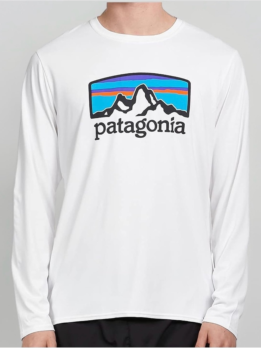Patagonia White Long Sleeve Tee with Blue, Purple & Orange Mountain Logo